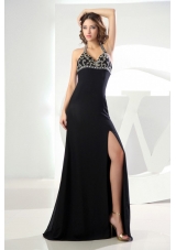High Slit Beading Halter Column Prom Dress
