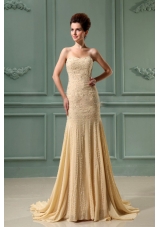 Beading Mermaid Chiffon Sweetheart Court Train Prom Dress Champagne