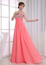 Beading Empire Straps Watermelon Chiffon Floor-length Prom Dress