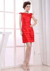 Column Off the Shoulder Mini-length Prom Dress Red Ruched Taffeta