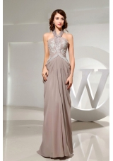 Halter Empire Beading Grey Chiffon Modest Prom Dress