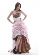 High-low Prom Dress With Hand Made Flowers and Pick-ups Baby Pink Leopard