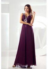 Beading Empire Chiffon Prom Dress V-neck Ankle-length Purple