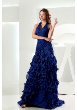 Mermaid Halter Brush/Sweep Royal Blue Ruffles Organza Prom Dress