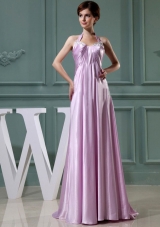 Beading Halter Empire Elastic Woven Satin Floor-length Prom Dress Lavender