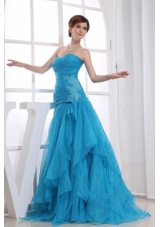 A-Line Floor-length Ruched Organza Sweetheart Prom Dress Blue