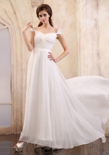 Empire Square 2013 Prom Dress With Cap Sleeves and Brush Train Chiffon