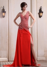 Red Prom Dress With Beaded Decorate Up Bodice High Slit Court Train Chiffon V-neck