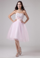 Lace and Beading Strapless Tulle Tea-length A-Line Lace and Beading Prom Dress Pink