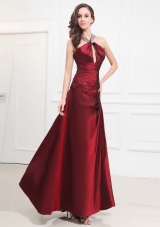 Beading Taffeta Prom Dress Halter A-Line Wine Red Floor-length