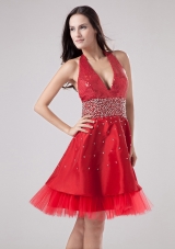 Luxurious Red Halter Prom Dress Beaded Decorate With Satin and Tulle