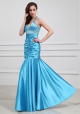 Mermaid Beading Halter Elastic Woven Satin Prom Dress Floor-length Blue