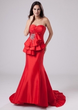 Mermaid Sweetheart Taffeta Brush/Sweep Prom Dress Red Beading