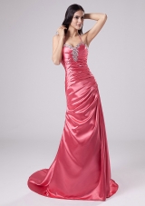 Beading Column Halter Brush/Sweep Elastic Woven Satin Prom Dress Rose Pink