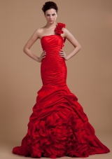 Wine Red Prom Dress With One Shoulder Hand Made Flowers and Ruffled Layers Mermaid Brush Train