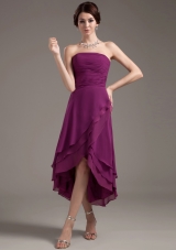 Ruching Decorate Bodice High-low Dark Purple Strapless Prom Dress