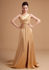 Beading Decorate Bodice One Shoulder High Slit Satin Champagne Brush Train 2013 Prom Dress