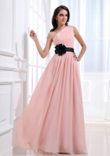 One Shoulder and Sash For Custom Made Prom Dress With Ruched and Baby Pink