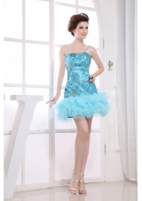 Embroidery Decorate Bodice Aqua Blue Mini-length Spaghetti Straps 2013 Prom Dress