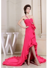 Coral Red Prom Dress With High-low One Shoulder and Hand Made Flowers