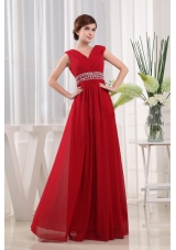 Empire V-neck Chiffon Floor-length Beaded Decorate Waist Red Prom Dress