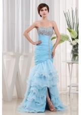 Beautiful Baby Blue Beaded Decorate and Ruch Ruffled Layeres Sweetheart Prom Dress For Party