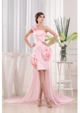 Lovely High-low One Shoulder Hand Made Flowers Baby Pink Prom Dress Strapless With Ruch