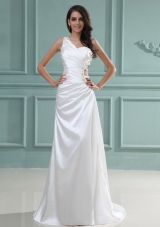 One Shoulder Wedding Dress With Brush Train Beaded For Custom Made