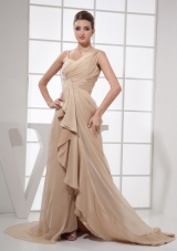 Asymmetrical Champagne Chiffon Brush Train Prom Dress 2013