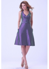 Purple Halter Bridesmaid Dresses Knee-length Taffeta