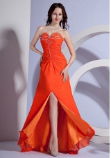 Beading Decorate Bust Sweetheart Neckline High Slit Orange Red Chiffon Brush Train 2013 Prom Dress