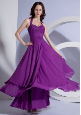 Ruching Decorate Up Bodice Purple Chiffon Ankle-length Halter 2013 Prom Dress