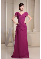 V-neck and Short Sleeves For Mother Of The Bride Dress With Beading