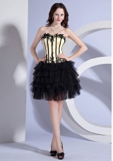 Appliques Decorate Bodice Light Yellow and Black Knee-length Ruffled Layers 2013 Prom Dress