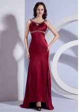 Beading Decorate Bodice Straps Burgundy Taffeta Brush Train 2013 Prom Dress