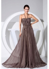 Halter Pleat Decorate Bodice Brown Chiffon Brush Train Prom Dress