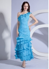 Pleat Decorate Bodcie One Shoulder Aqua Blue Ankle-length 2013 Prom Dress