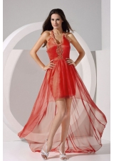 Halter Embroidery Taffeta and Organza High-low 2013 Prom Dress