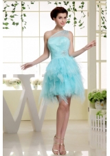 One Shoulder Baby Blue and Beading For Prom Dress With Ruffles