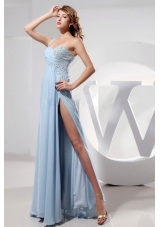 Light Blue One Shoulder and High Slit Prom Dress With Beading