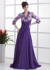 Lace With Beading Decorate Up Bodice V-neck 3/ 4 Sleeves Purple Brush Train 2013 Mother of the Bride Dress