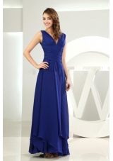 Column / Sheath V-neck Chiffon Royal Blue Ankle-length Prom Dress