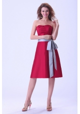 Wine Red Bridemaid Dress With Sash Knee-length Strapless Taffeta