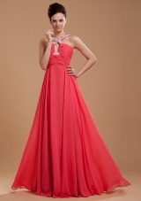 Coral Red Prom Dress With V-neck Beaded and Appliques Chiffon For Custom Made