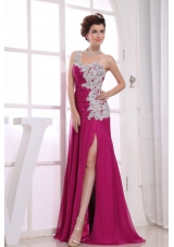 One Shoulder Appliques Chiffon Watteau Fuchsia Column Prom Dress