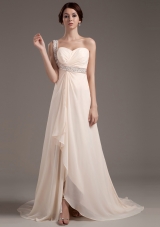 Beading Decorate One Shoulder Champagne Chiffon Brush Train 2013 Prom Dress