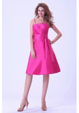 Hot Pink Bridemaid Dress With Sash and Ruching Spaghetti Straps Knee-length Taffeta