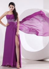 Fuchsia Prom / Evening Dress With One Shoulder Beaded and High Slit Watteau Train