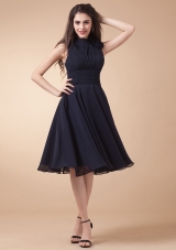 High-neck and Ruched Bodice For Custom Made Navy Blue Prom Dress