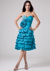 Luxurious Teal Prom Dress Sweetheart Ruffled Layeres Hand Made Flower